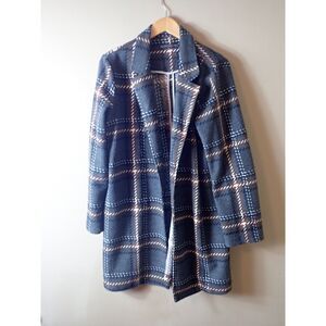 Potter's Pot Trench Coat Open Front Jacket Taupe Gray Plaid Suit Large